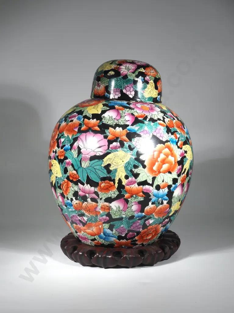 Large Oriental Ginger Jar on Wooden Stand Image 1++