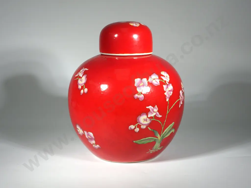 Large Red Ground Ginger Jar Decorated with Orchids  Image 1++