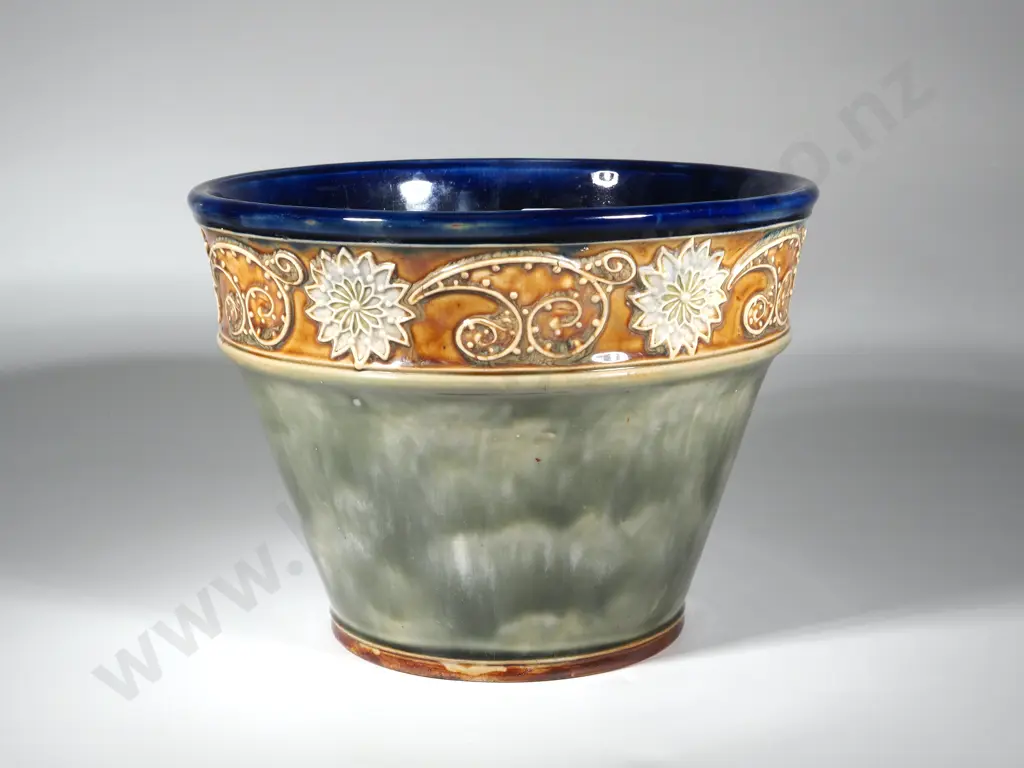 Royal Doulton Glazed Stoneware Jardinere With Colbalt blue Rim Image 1++