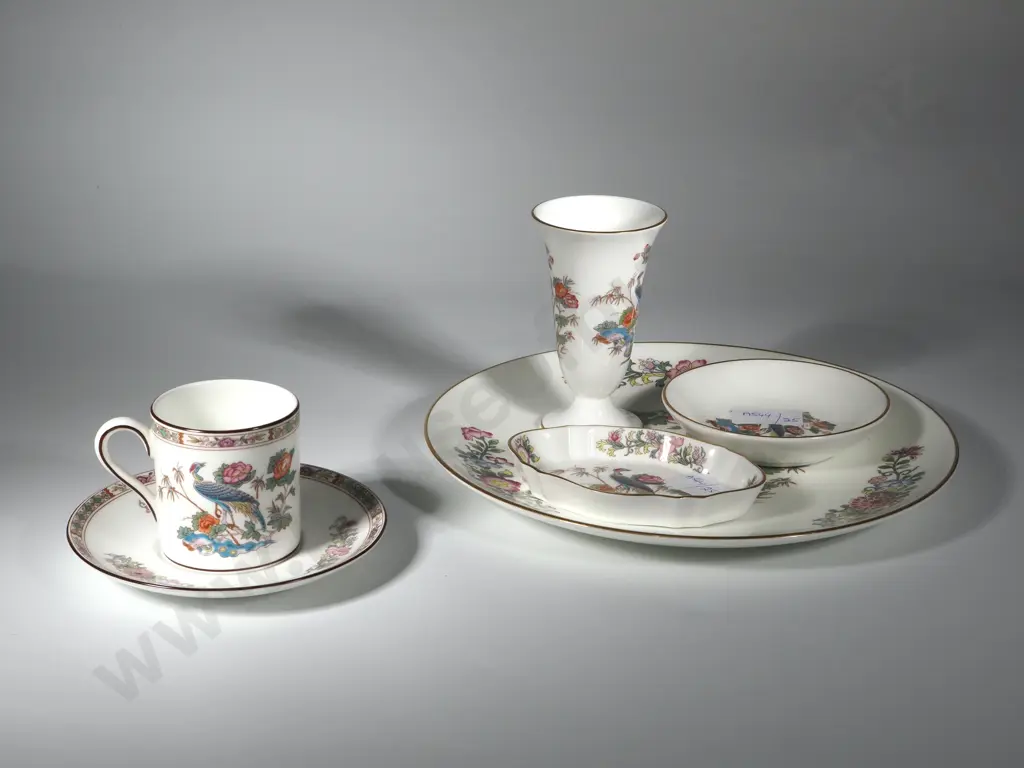 Five  Wedgwood items In The Kutani Crane Pattern -Two Pin Dishes, Small Bud Vase  A Demi Tasse Cup/Saucer & Plate Image 1++