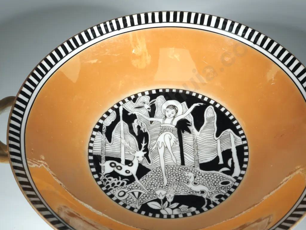 Grecian Style Footed Bowl w Gilt Handles Image 1++