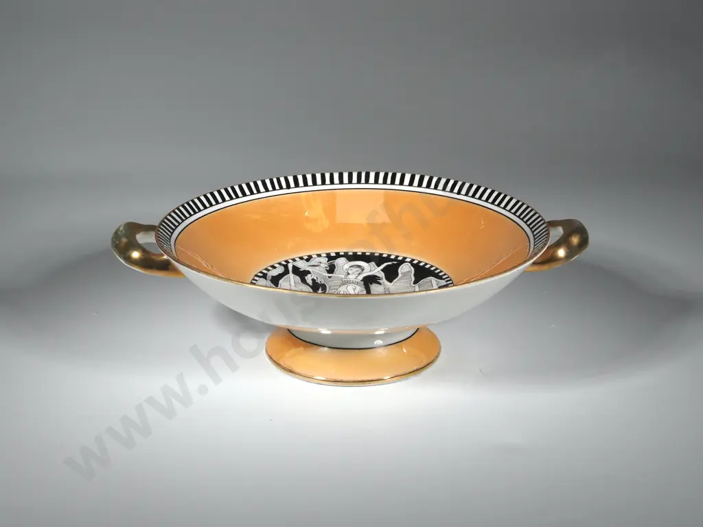 Grecian Style Footed Bowl w Gilt Handles Image 1++