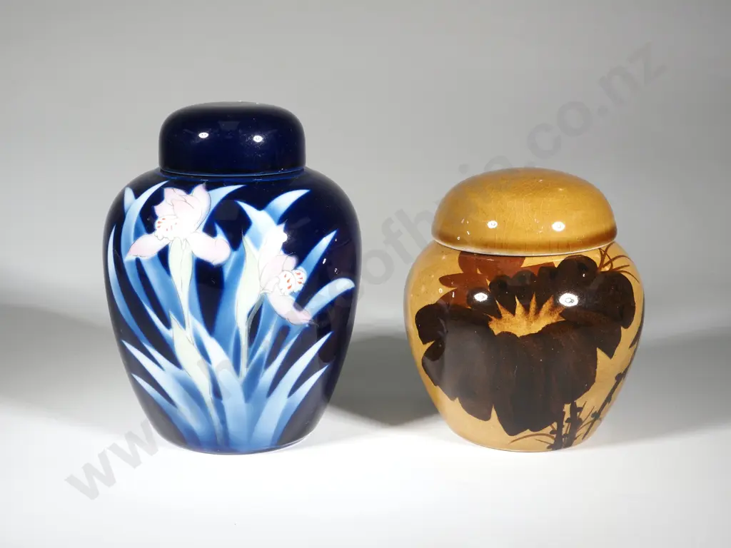 Two Glazed  Ginger Jars, One Blue & One Brown Image 1++