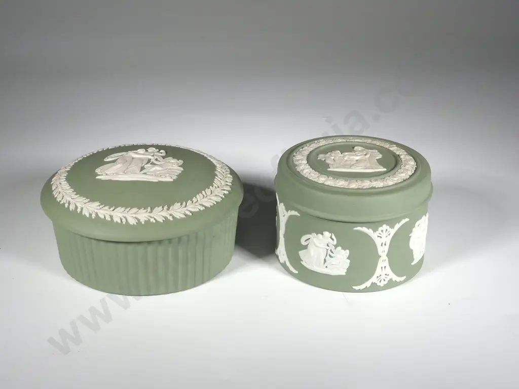 Two Circular Green Wedgwood Jasperware Trinket Boxes.  Image 1++