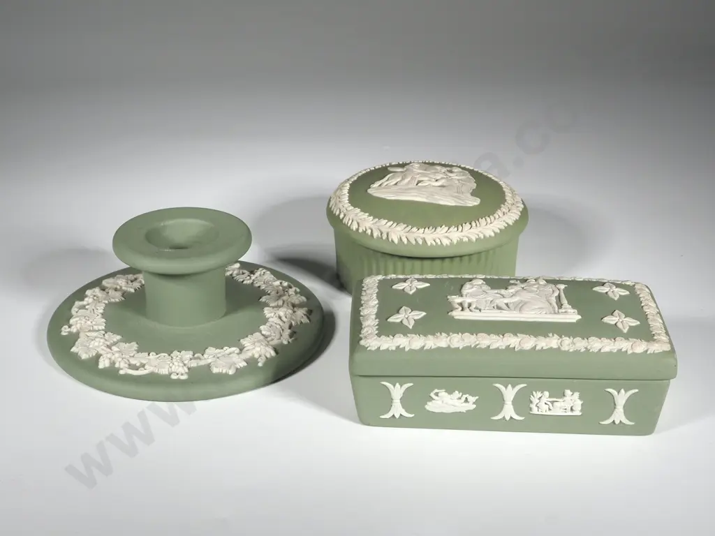 Two Green Jasperware Trinket Boxes;One Rectangular & The Other Circular & A Candlestick Image 1++