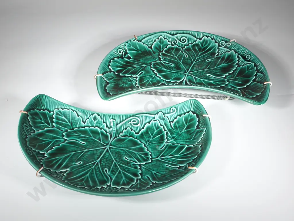 Pair Of Wedgwood Barlaston & Co Crescent Shaped Side Dishes w Moulded Leaf Decoration Image 1++