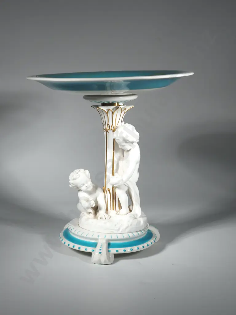 English Porcelain Comport. Possibly Royal Worcester. Pedestal Base With Two Cherub Figures w Shallow Dish To Top Image 1++