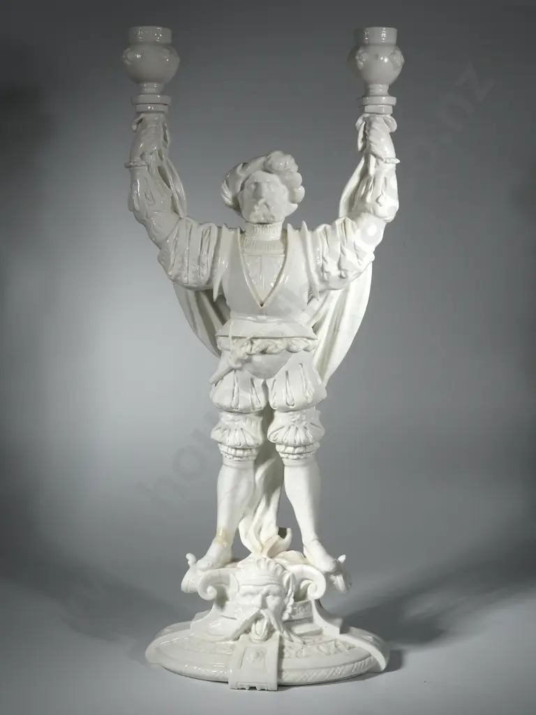Large German Figural Porcelain Candelabra Depicting a Nobleman Holding Two Torches Image 1++