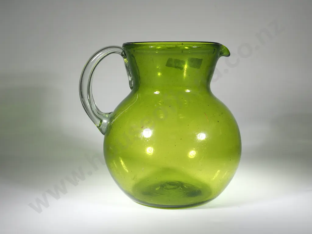 Large Green Glass Jug w Simple Strap Handles In Clear Glass Image 1++