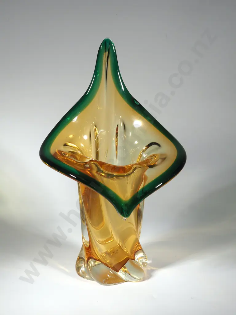 Large "Jack in the Pulpit" Style Amber & Green Glass Vase  Image 1++