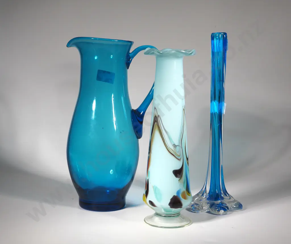 Turquoise Art Glass vase, Blue Specimen Vase & A Blue Glass Jug  Image 1++