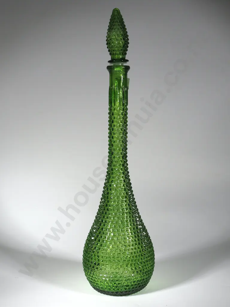 Mid-Century Green Diamond Pattern Glass Genie Decanter w Stopper. Image 1++
