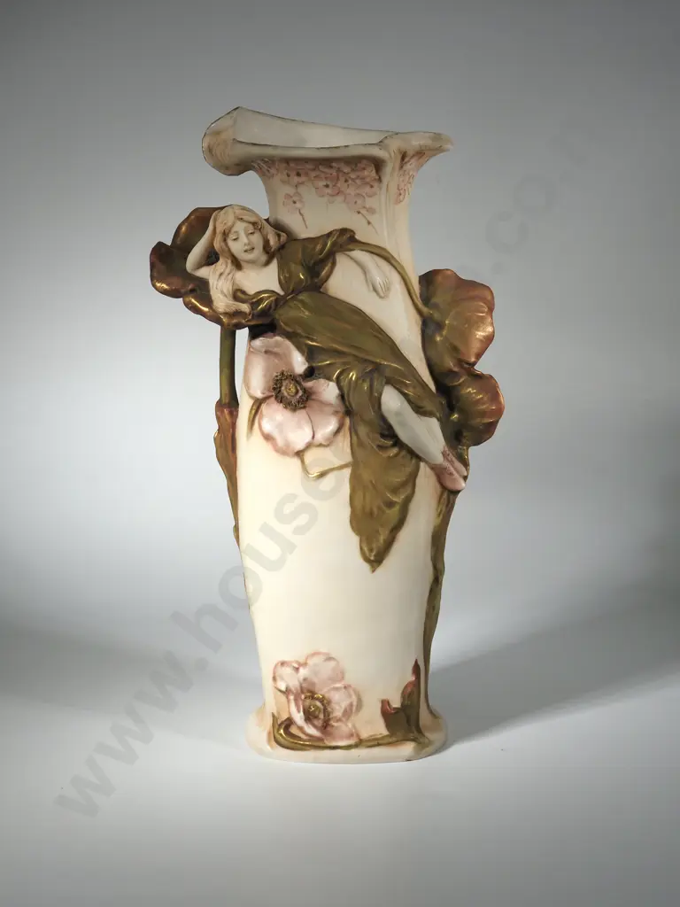 Art Nouveau Tall Royal Dux Vase w Maiden - Muted Green, Pink & Gold Tones Image 1++