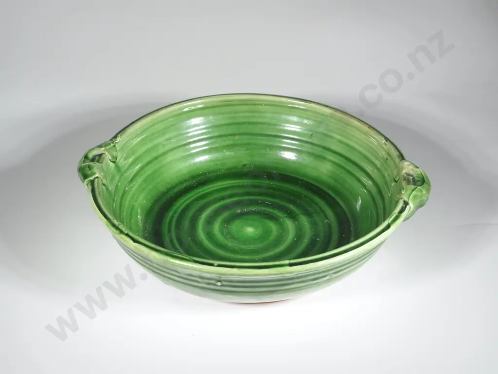 Green Glazed Terracotta Bowl with Moulded Handled by Tony Sly Image 1++
