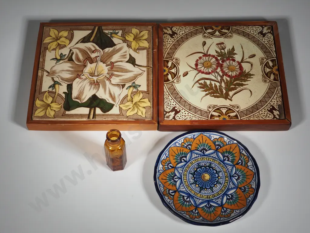 Two Antique Tiles in Frames; One Antique Glass Medicine Bottle; One Antique Hand Painted Greek Plate. Image 1++