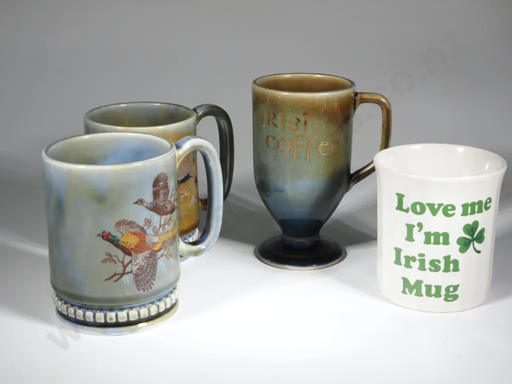 Three Irish Porcelain Mugs, One Vintage Ceramic Mug w Message & Internal Handle. Image 1++