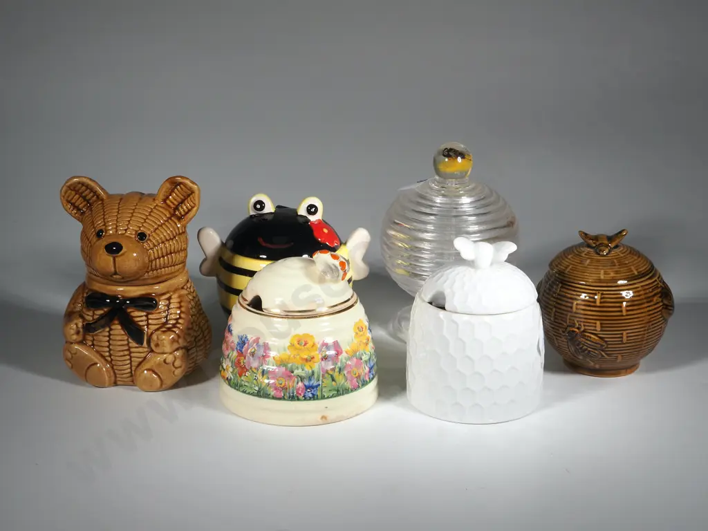 Honey Pot in the Form of a Bear, Clarice Cliff Honey Pot (A/F), White Honey Pot with White Bee Finial & Three Others  Image 1++