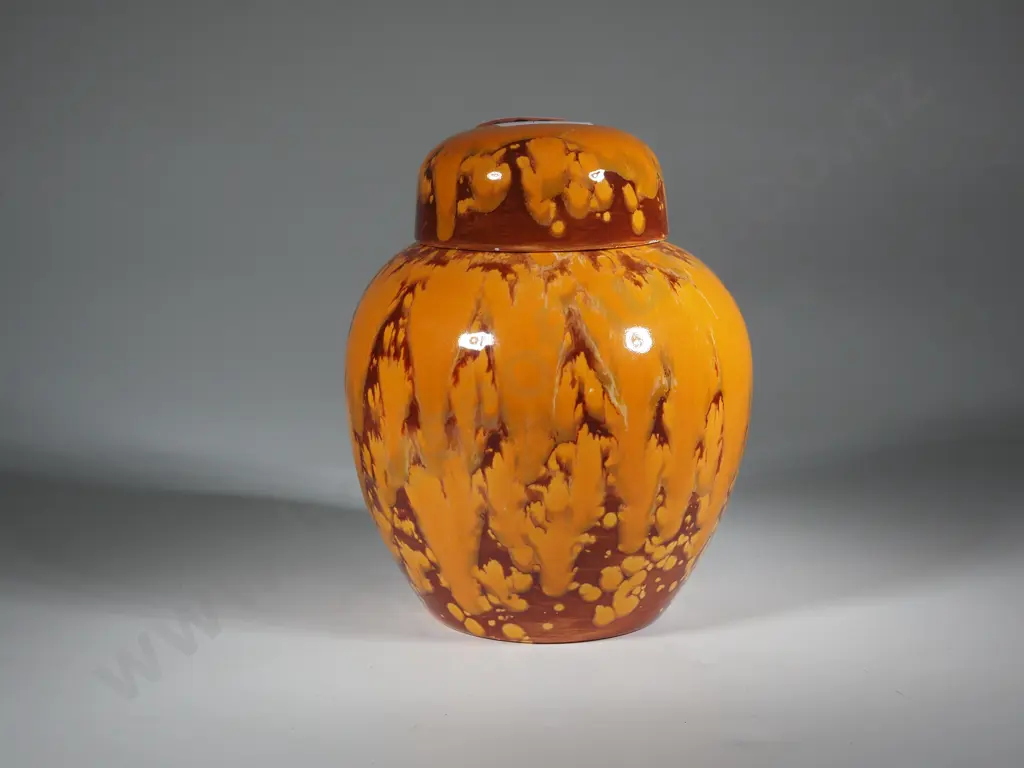 Ginger Jar Nassau Pottery w Orange & Brown Trickle Glaze Image 1++