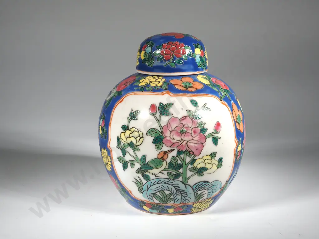 Ginger Jar w Oriental Floral and Bird Cartouche Image 1++