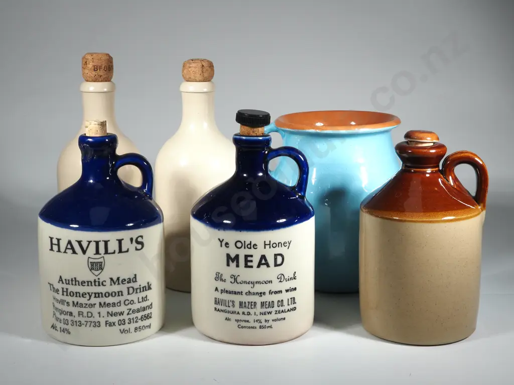 Five Stone Ware Bottles/Jars (Two For Mead) & A Blue Glaze Vase  Image 1++