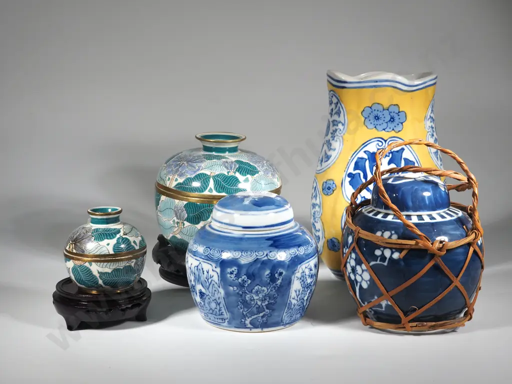 Blue White & Yellow Vase with Two Blue & White Ginger Jars with Two Green & Brass Covered  Bowl  Image 1++