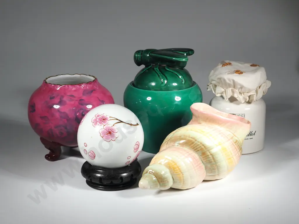 Small Enamelled Lidded Pot, Large Green Honey Pot, Shorter & Sons Conch Shell Vase  Image 1++