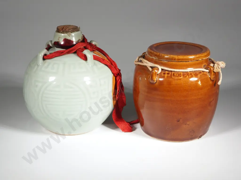 One Rice Wine Jars  Cork & Green Celadon Glaze; One Lidded Canister w Brown Glaze Image 1++