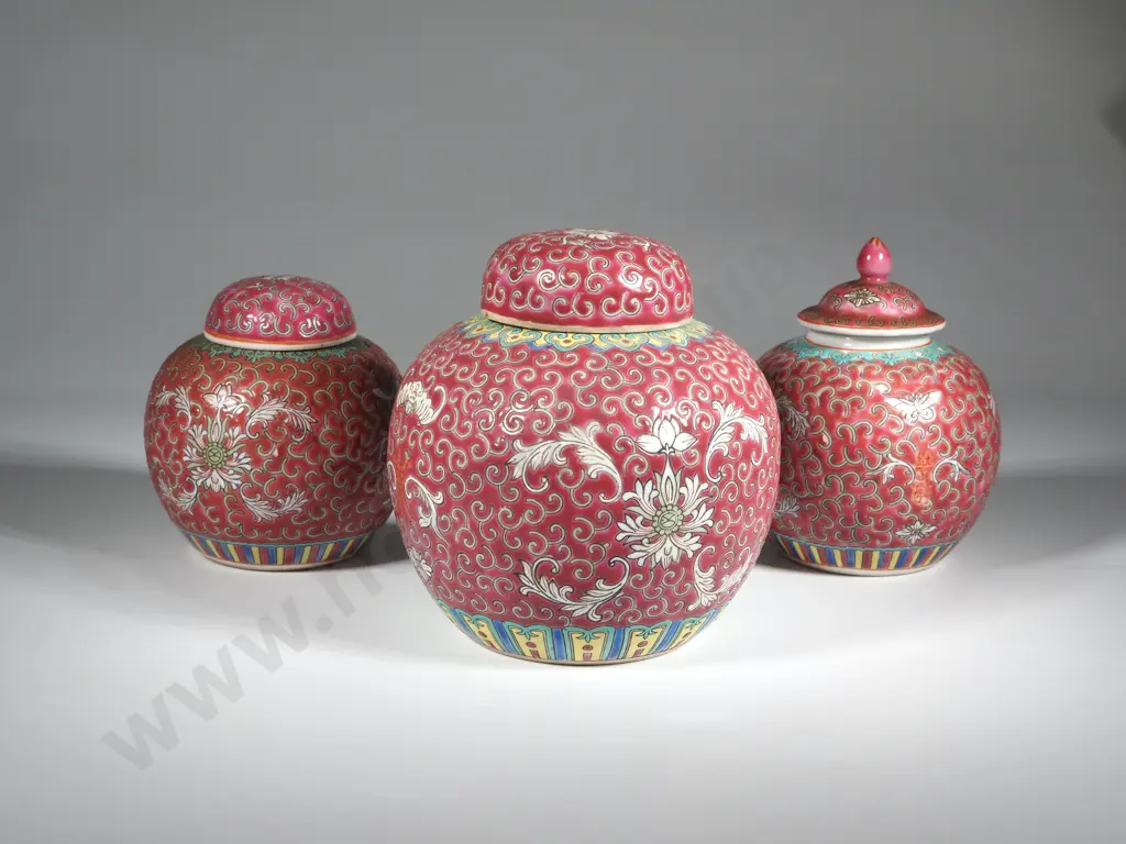 Three Pink Ground Oriental Lidded Ginger Jars Image 1++