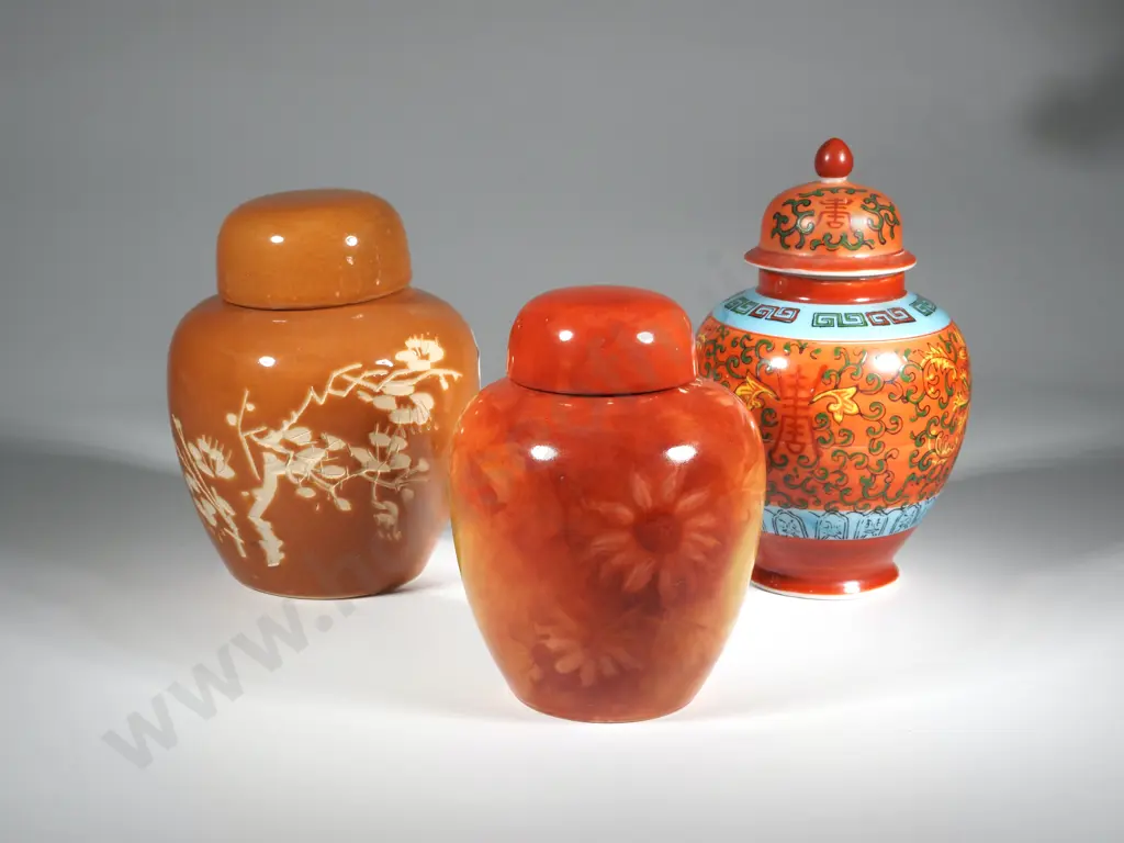 Three Orange Hued Lidded Ginger Jars Image 1++