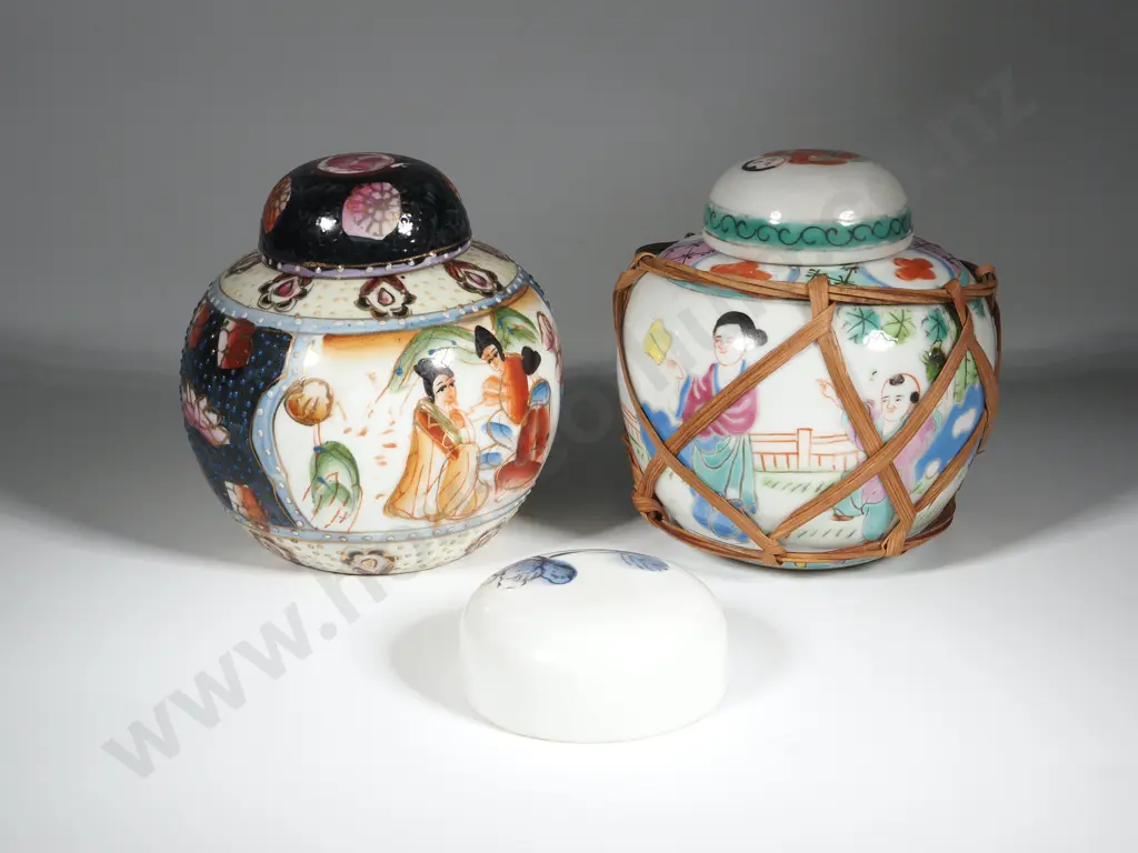 Three Ginger Jars, One Vintage Famille Vert Crackle Glaze, One Satsuma Style  Image 1++