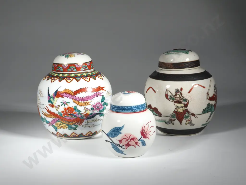 Three White Ground Oriental Lidded Ginger Jars Image 1++
