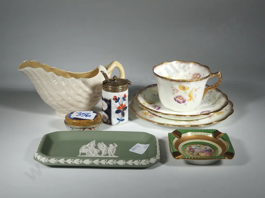 Rosina Wachtmeister Metal Pillbox; Antique JWK Carlsbad Ashtray; Green Wedgewood Trinket Tray; Belleek Creamer; Trio. Image 1++