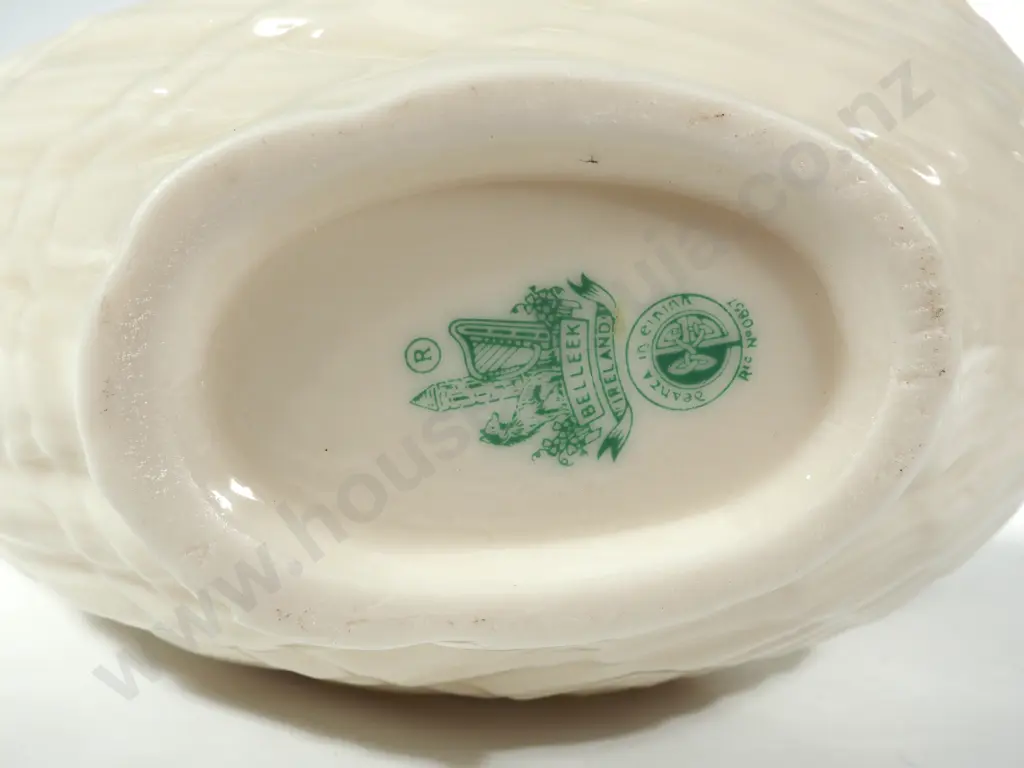 Rosina Wachtmeister Metal Pillbox; Antique JWK Carlsbad Ashtray; Green Wedgewood Trinket Tray; Belleek Creamer; Trio. Image 1++
