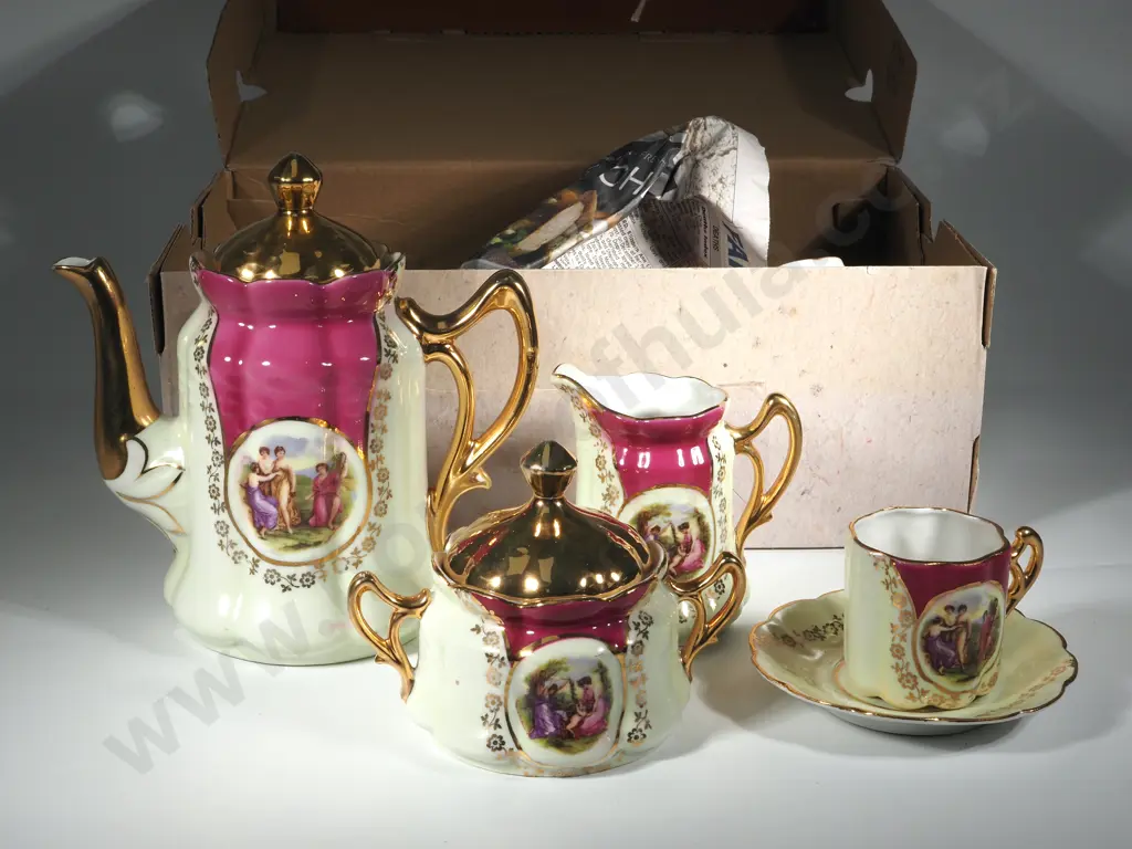 Porcelain Cream Coffee Set Possibly Limoges. Ground w Pink & Gold Accents. Image 1++