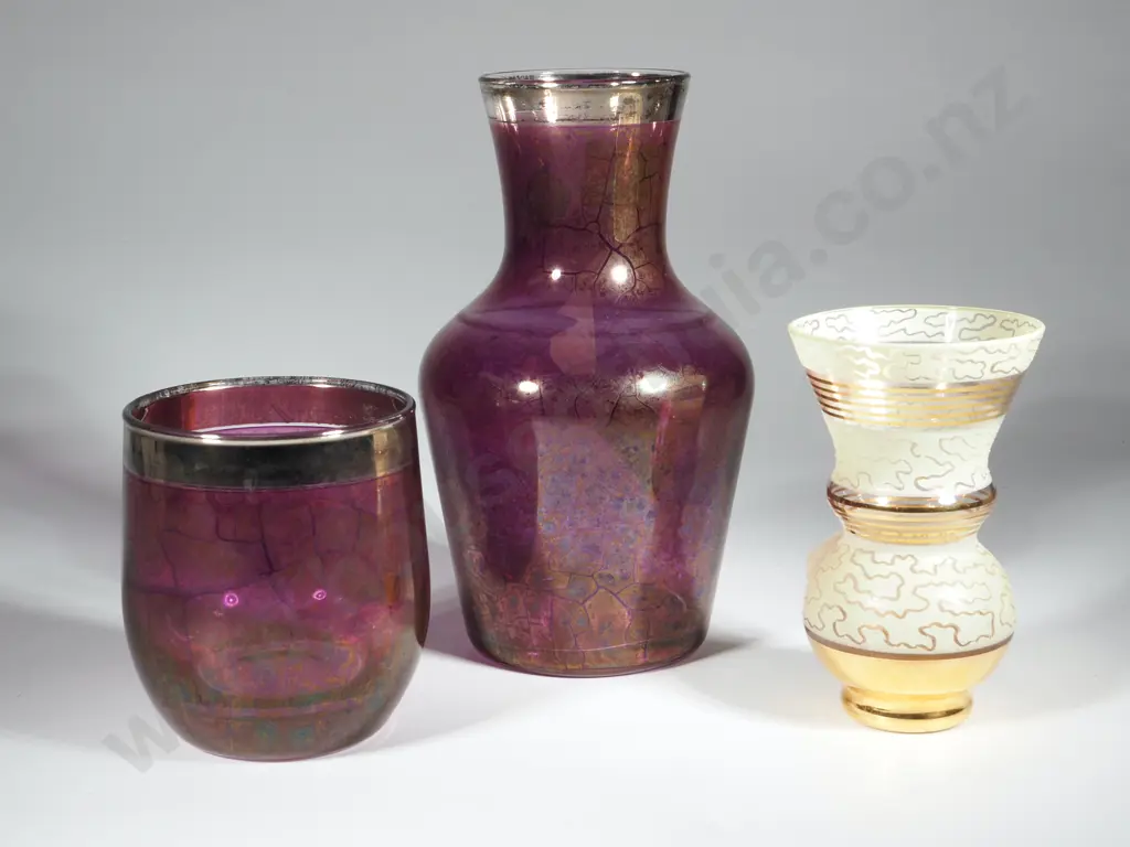 Italian  Purple Carafe & Glass Cover with Silver Rim & a Small Glass Frosted Vase with Gilt Accents Image 1++