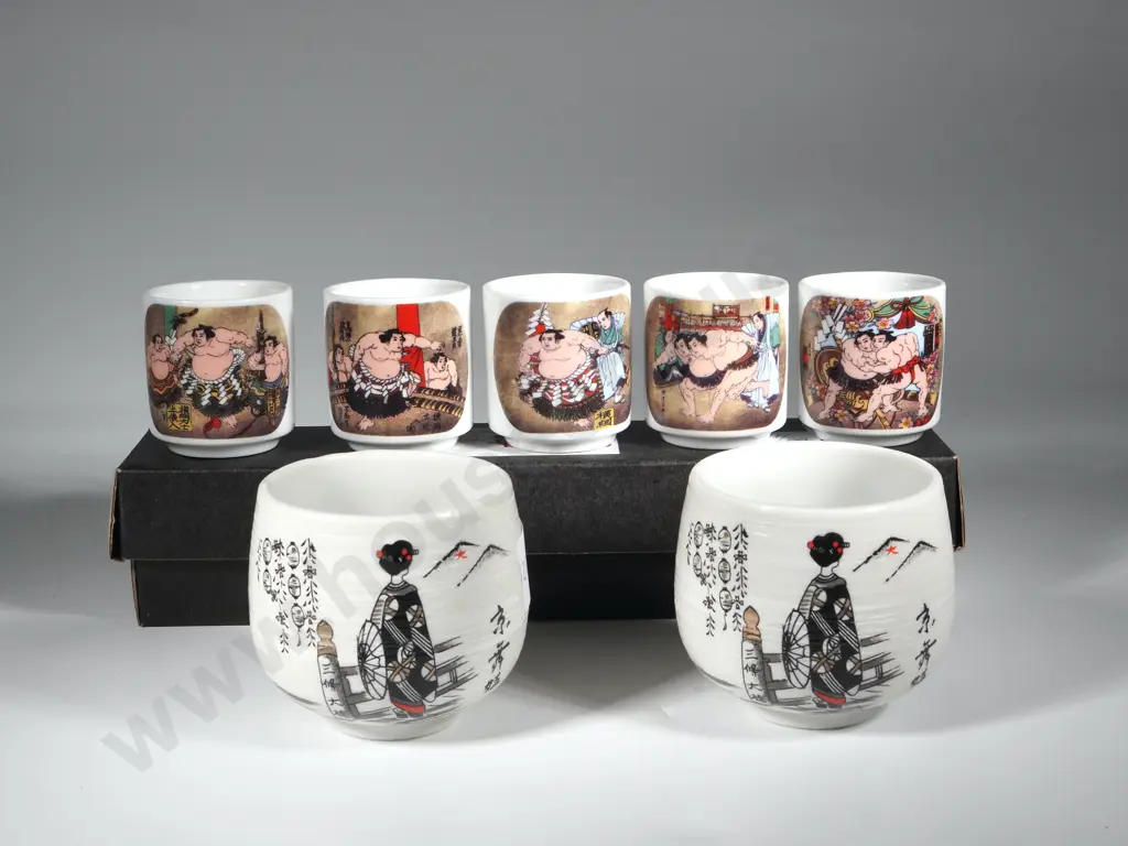 Five Boxed Sake  Cups & Two Larger Cups Image 1++