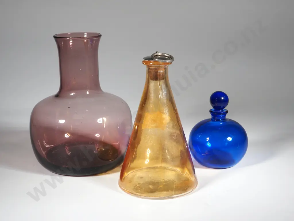 Purple Glass Carafe & Two Glass Items Image 1++
