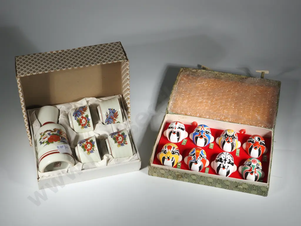 Boxed Saki Vase w Four Cups & Eight Boxed Template Makeup Theatre Masks Image 1++