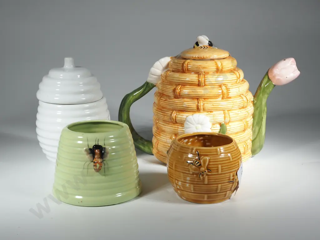 Teapot in the Form of a Beehive, Honey Pot Covered In Bees & Four Others (Two Without Covers) Image 1++