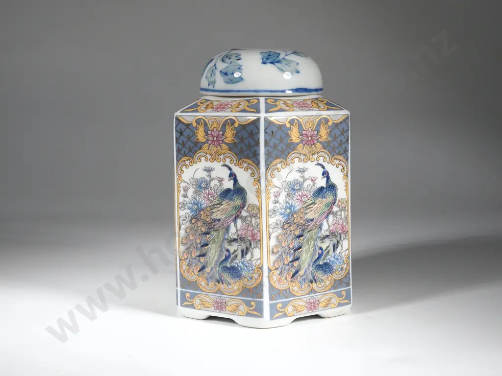 Hexagonal Oriental Peacock Lidded Jar Image 1++