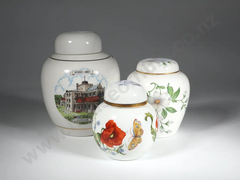 Three English Ginger Jars Including a Chelsea Gardens (Elizabeth Arden), Crown Staffordshire, Romsey Abbey Hampshire Image 1++