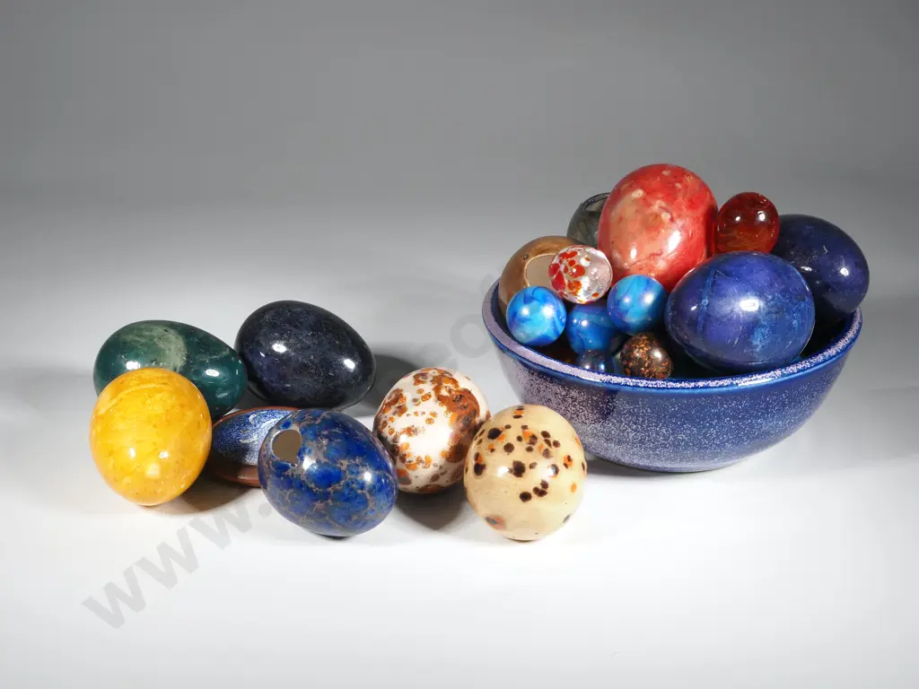 Purple & Blue Glazed Pottery Bowl & A Collection Of Stone & China Decorative Eggs.  Image 1++
