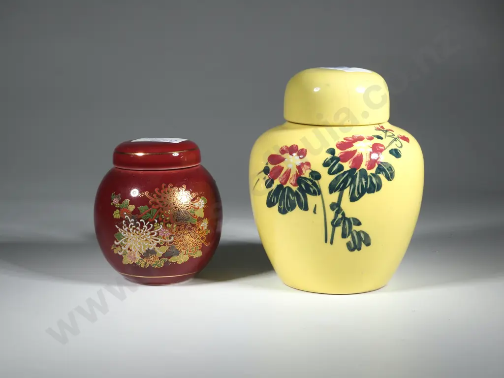 Two Ginger Jars, One Yellow with Floral Decoration & The Other Crimson with  Floral Decoration  Image 1++