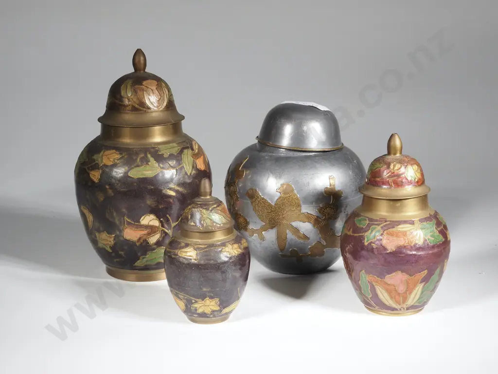 Four Metal Ginger Jars. One Pewter with Applied Brass Decoration & Three Brass & Enamel Ginger Jars  Image 1++