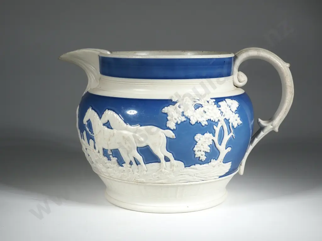 Wedgwood Style Stoneware  Blue & White Jug W Fox Hunting Scene in White Relief Image 1++