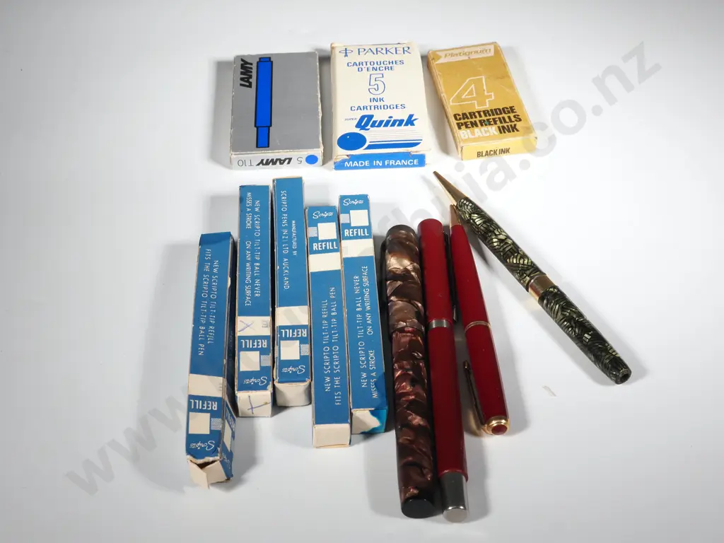 Bag Containing Refills, Two Propelling Pencils & Two Vintage Fountain Pens Image 1++