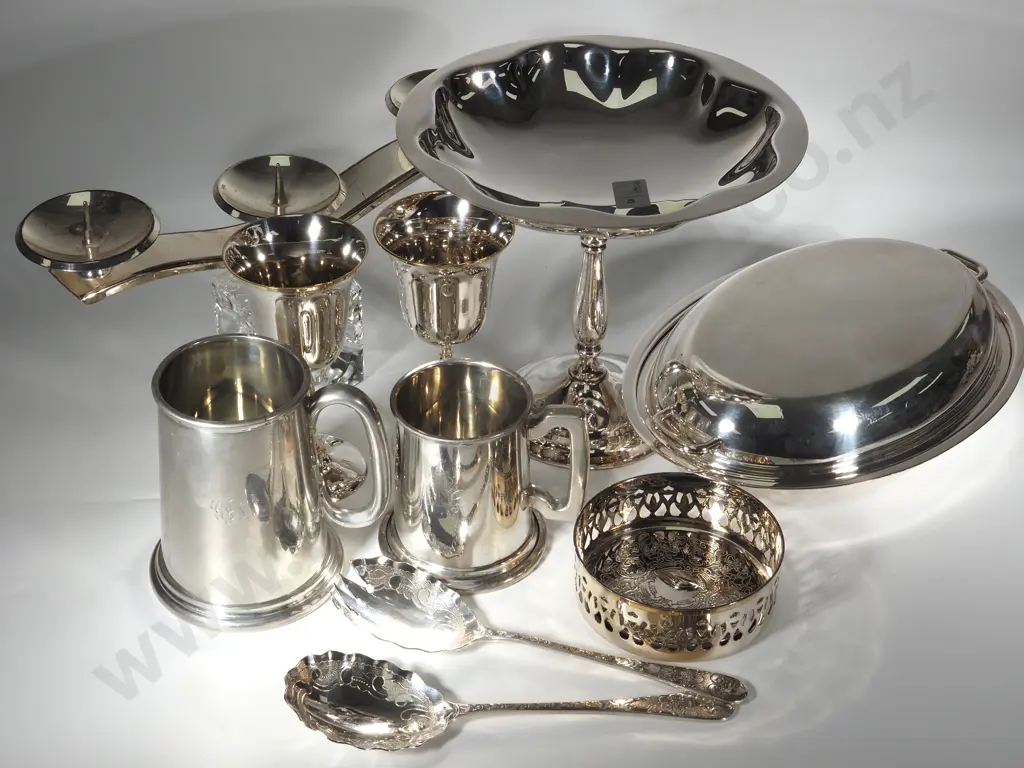 Box of Silver Plated Ware to Include Entree Dish, Candelabra, Wine Coaster, Wine Goblets, & Two Pewter Mugs  Image 1++