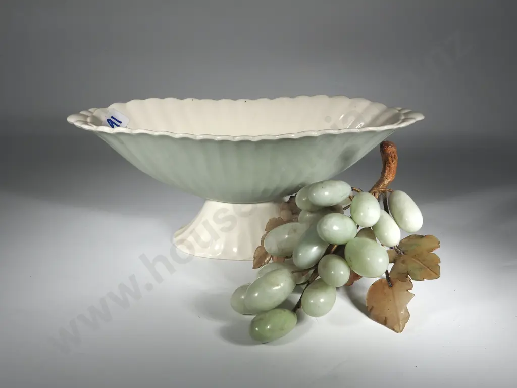 Vintage Bunch of Hard Stone Grapes on Vine Cluster w Stone Leaves w Sage Green/White Spode Pedestal Vase. Image 1++