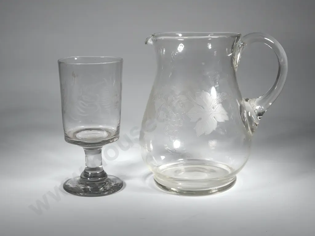 Etched Glass Jug & Etched Glass Goblet w Fern Motifs Image 1++