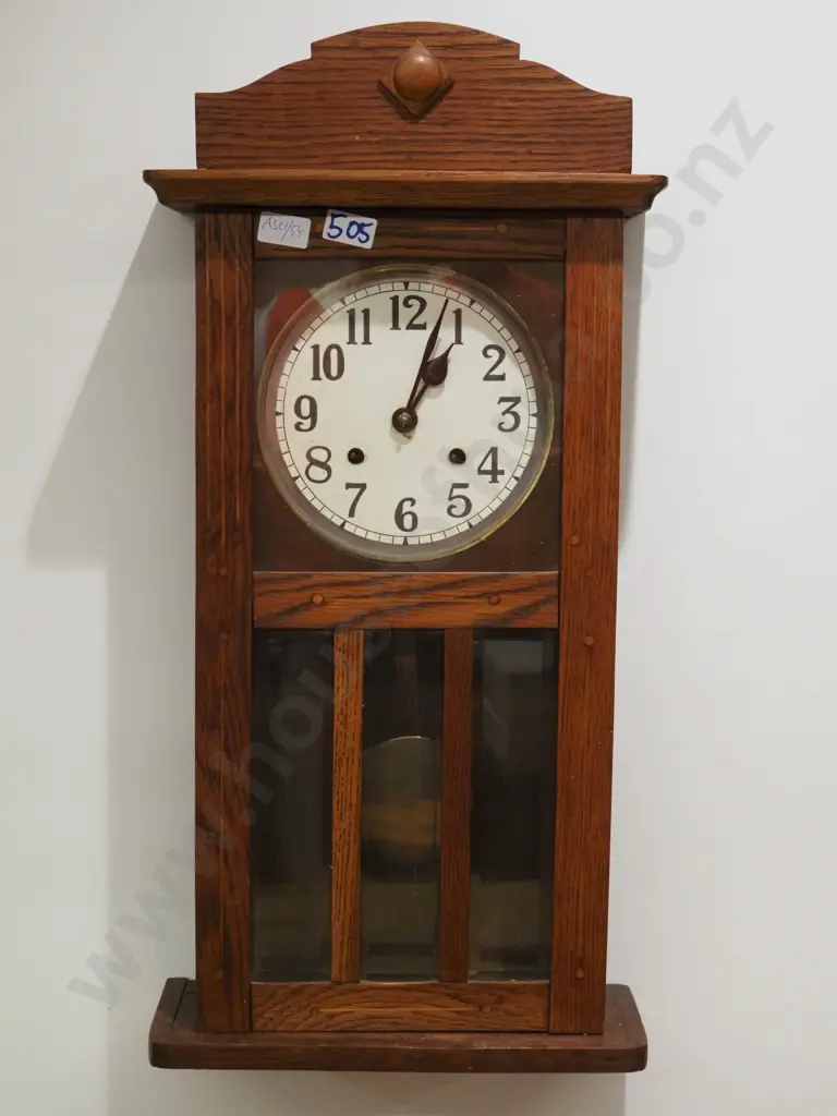 1930s Oak Wall Clock With An Eight Day Movement &  A Three Glass Panel Door Image 1++